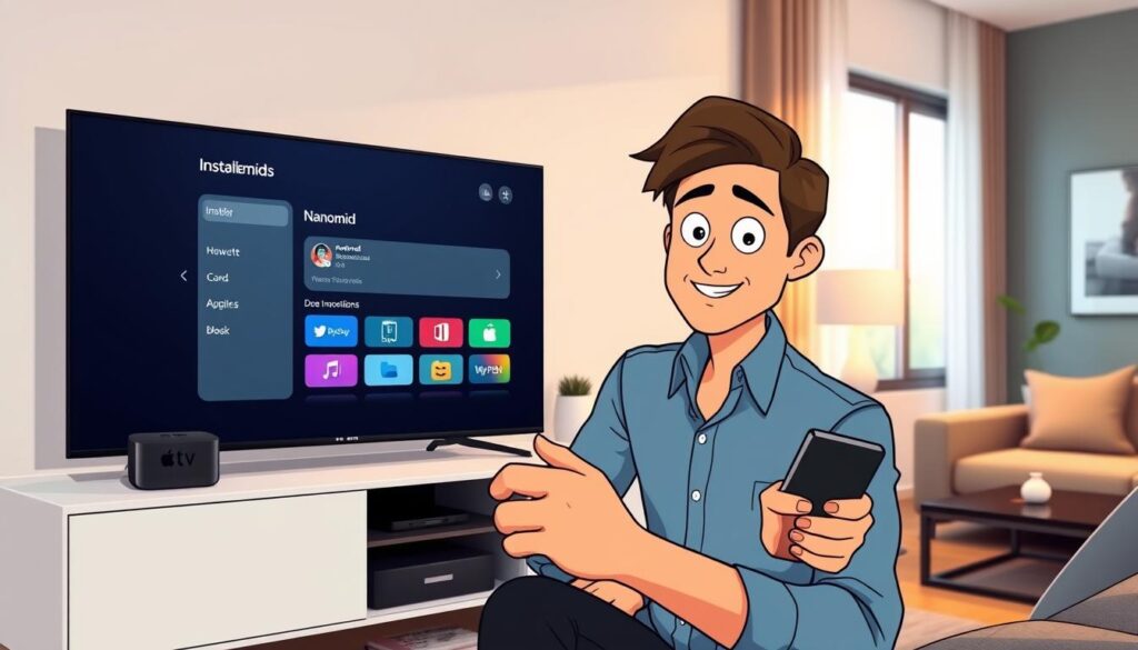 A modern, sleek living room setting featuring an Apple TV prominently displayed on a minimalist entertainment unit. In the foreground, a person in professional casual attire is attentively using a remote control, with a focused expression on their face. The middle ground captures the Apple TV interface showcasing the Nanomid installation settings—vibrant icons and clear navigation options. The background shows soft, ambient lighting, highlighting the stylish decor, including contemporary furniture and decorative items. The scene conveys a sense of productivity and excitement, emphasizing the ease of installing Nanomid on Apple TV. The image should have a warm, inviting atmosphere with natural light filtering through a nearby window, enhancing the modern interior aesthetic.