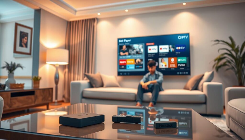 A polished living room setting with a sleek TV displaying the BOB Player interface showing IPTV services integrated seamlessly. In the foreground, a modern coffee table with a remote control and streaming devices like a Firestick. The middle layer shows a casual, professional-looking individual sitting on a comfortable couch, focused on the TV screen, dressed in a smart-casual outfit. The background features a well-lit room with elegant decor, soft ambient lighting creating a cozy atmosphere. Use warm tones to enhance the inviting feel, and apply a shallow depth of field to keep the focus on the interaction with the technology, suggesting usability and integration of IPTV services.
