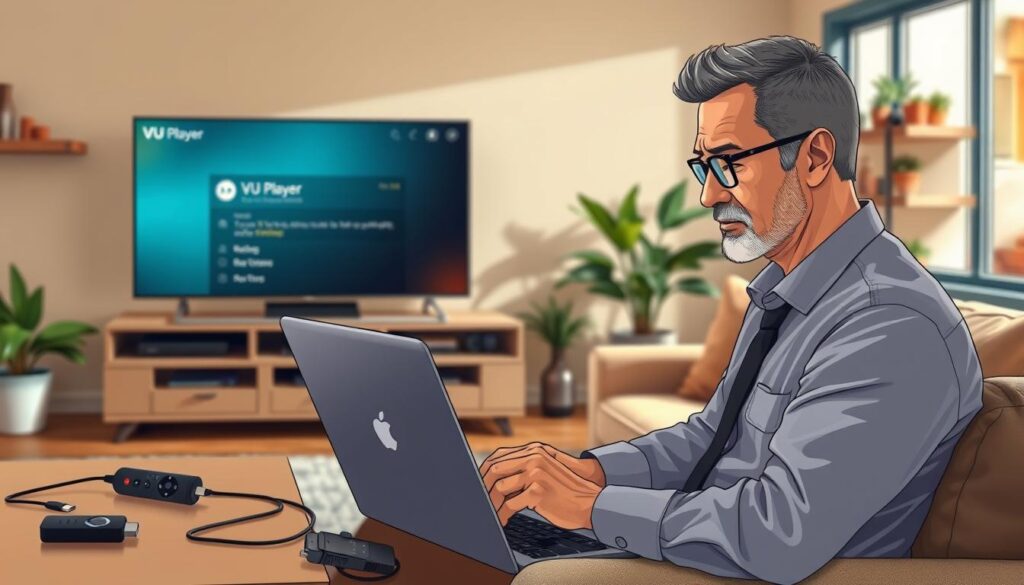 A professional and detailed scene depicting a technician troubleshooting a VU Player on a modern living room setup. In the foreground, a focused middle-aged individual in smart casual attire, using a laptop to analyze settings, surrounded by remote controls, cables, and a Firestick device. In the middle ground, a large flat-screen television shows the VU Player interface, indicating a problem. The background features a cozy living room with warm lighting, soft textures of a couch, and decorative elements like plants and shelves. Emphasize a mood of concentration and resolution, capturing the essence of problem-solving in a home entertainment environment. Use natural lighting that enhances the clarity of the scene, ensuring a professional and polished look.