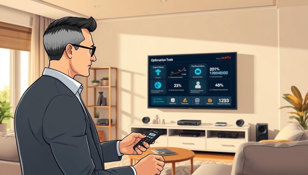 A professional, sleek living room setting featuring a modern television displaying an IPTV interface, showcasing on-screen graphics of optimization tools and performance metrics. In the foreground, a well-dressed individual, focused and engaged, is interacting with a smart remote control. The middle ground includes shelves with tech gadgets and a cozy seating area, exuding a contemporary atmosphere. The lighting is warm and inviting, with natural light filtering through a window, creating soft shadows. In the background, subtle hints of a digital world, like floating data streams or abstract tech visuals, suggest connectivity and high performance. The overall mood is focused and informative, capturing the essence of enhancing user experience in IPTV.