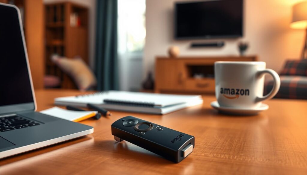 A sleek Amazon Fire Stick remote lying on a wooden table, surrounded by a laptop, a notepad, and a coffee cup, representing a focused workspace. In the background, a blurred living room setting shows a TV mounted on the wall, with a cozy atmosphere enhanced by soft, warm lighting. The scene is framed from a slightly elevated angle, capturing the remote prominently in the foreground, while the backdrop subtly echoes themes of entertainment and technology. The color palette is warm and inviting, suggesting preparation and readiness, with natural light filtering through a nearby window, creating a relaxed yet productive mood.
