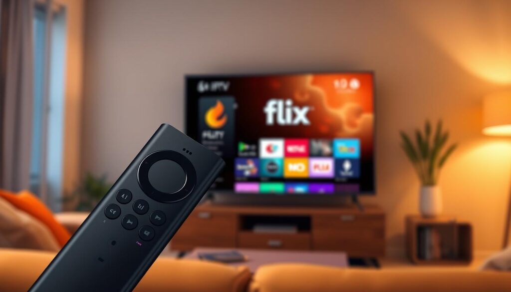 A sleek Amazon Firestick remote control prominently displayed in the foreground, with a modern smart TV in the middle ground showcasing a vibrant user interface that highlights the Flix IPTV app icon. The background features a cozy living room setting, adorned with soft, ambient lighting that creates a warm and inviting atmosphere. A slight depth of field blurs the edges, drawing focus to the remote and TV. The scene captures a sense of excitement and anticipation for streaming content, with hints of technology and comfort intertwined. Use a warm color palette, enhancing the inviting feel and ensuring the image resonates with viewers looking to install Flix IPTV on their Firestick.