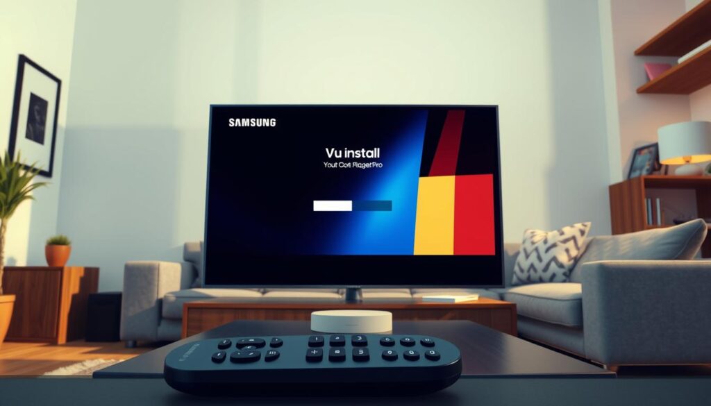 A sleek Samsung Smart TV prominently displayed in a modern living room setting, showcasing the Vu Player Pro installation interface on its screen. In the foreground, a remote control with clear buttons sits on a stylish coffee table. The middle layer includes a cozy couch with decorative cushions, creating an inviting atmosphere. Soft, warm lighting filters through a nearby window, casting gentle shadows that enhance the room's depth. The background features minimalistic decor, emphasizing the tech-savvy vibe of the environment. Shot from a slightly elevated angle to focus on the TV screen and the surrounding setup, the entire scene conveys a sense of innovation and modern convenience for viewers looking to enhance their entertainment experience.
