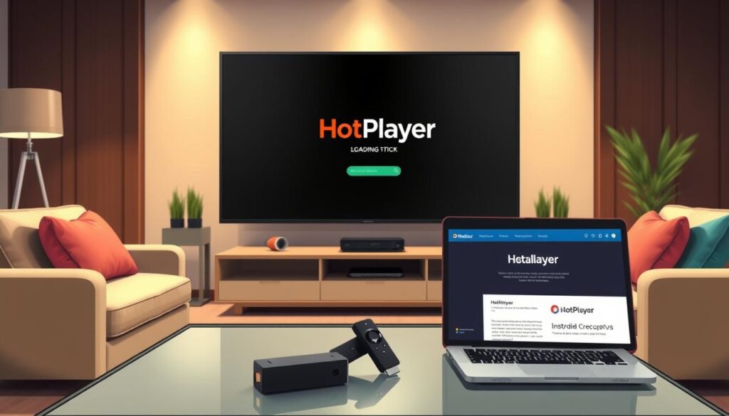 A sleek and modern living room setup featuring a large TV displaying the HotPlayer loading screen on a Firestick. In the foreground, a stylish coffee table with a remote control and a laptop open to an installation guide. The middle ground shows a comfortable sofa adorned with colorful cushions, framing the TV. The background reveals a well-lit room with soft ambient lighting, adding a cozy atmosphere. The image is taken from a slightly low angle to emphasize the TV screen while showcasing the room's decor. The overall mood should be inviting and tech-savvy, perfect for illustrating a straightforward installation process, setting a professional scene conducive for learning.