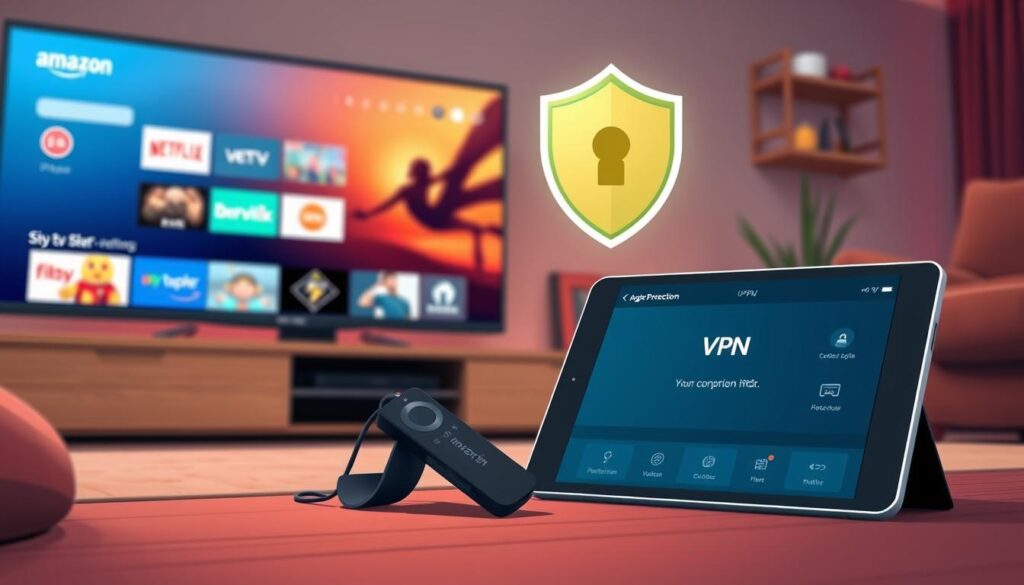 A sleek living room setup featuring a modern TV display showcasing a vibrant IPTV interface with various streaming options. In the foreground, a stylish Amazon Fire TV Stick is plugged into the side of the TV. Next to it, a tablet with a VPN application open, displaying a secure connection. The background features a cozy atmosphere with soft lighting, enhancing the sense of comfort and security. A subtle digital overlay showcases a shield symbol representing VPN protection, adding an element of cybersecurity. The scene is captured at a slightly angled perspective, evoking a sense of depth and inviting viewers into the space. The color palette is warm and inviting, accentuating the theme of safety and security in digital streaming.