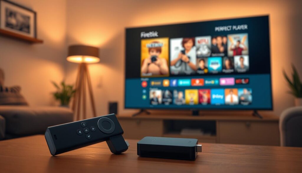 A sleek, modern Firestick remote is prominently positioned in the foreground, resting on a minimalist wooden table. In the middle ground, a television displays the Perfect Player interface, featuring vibrant thumbnails of streaming content. The background shows a cozy living room ambiance, with soft lighting from a stylish lamp and a comfortable couch enhancing the scene. The overall mood is inviting and tech-savvy, signifying a home entertainment setup. The lighting is warm and cozy, creating a relaxed atmosphere. A sharp focus on the remote and the television screen is complemented by a slight depth of field effect, drawing viewers into the image, highlighting the user-friendly design of the Perfect Player app as it appears on display.