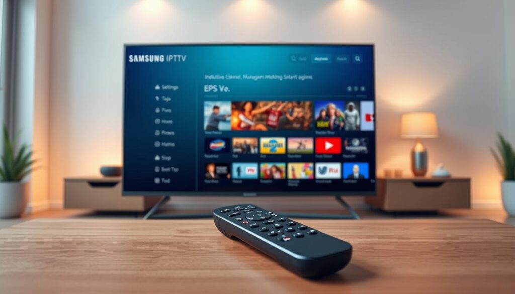 A sleek, modern interface displaying the IPTV settings and channel management options of ImPlayer on a Samsung Smart TV. The foreground features a high-resolution Smart TV screen with an intuitive EPG (Electronic Program Guide) layout, showcasing vibrant channel images and user-friendly navigation. In the middle, include a stylish remote control with backlit buttons, set on a contemporary wooden coffee table, hinting at a cozy living room atmosphere. The background should depict a softly lit room with minimalistic decor, enhancing the focus on the TV screen. The scene is illuminated with warm, inviting lighting, creating a relaxed mood, suggesting easy access to personalized entertainment options. Ensure the image is clean, professional, and free from any text, overlays, or distractions.