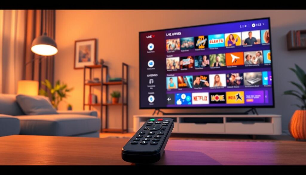 A sleek, modern interface of Flix IPTV displayed prominently on a large screen television in a cozy living room setting. In the foreground, a remote control rests on a stylish coffee table, showcasing buttons for easy navigation. The middle ground features the TV screen illuminated, displaying vibrant menus filled with vivid images of shows and movies, emphasizing features like live TV, on-demand content, and customizable playlists. The background includes soft lighting from floor lamps casting a warm glow, with subtle decorations, such as plants and bookshelves, adding to the homey atmosphere. The overall mood is inviting and tech-savvy, highlighting the user-friendly aspects of Flix IPTV in a sleek, sophisticated manner.
