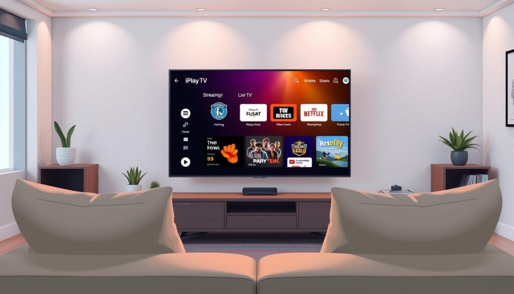 A sleek, modern living room featuring a Samsung Smart TV displaying the iPlayTV app interface, highlighting key features like a user-friendly navigation menu, streaming options, and live TV selections. In the foreground, a comfortable sofa with stylish cushions invites viewers into the space. The middle ground showcases the Smart TV prominently, with vibrant colors illuminating the screen. The background includes soft, ambient lighting that creates a warm and inviting atmosphere, with subtle decorative elements like plants and bookshelves to enhance the homely feel. The composition is well-balanced, with a dynamic perspective that draws attention to the TV while maintaining a cozy setting. The overall mood is upbeat and tech-savvy, reflecting the innovative nature of the app.