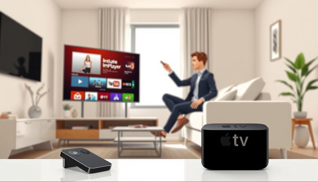 A sleek, modern living room scene showcasing a 4K Apple TV prominently displayed on a stylish media console. In the foreground, a remote control lies beside the Apple TV, illustrating the ease of installation. In the middle ground, a cozy couch is arranged invitingly, with an individual, dressed in smart casual attire, engaged with the Apple TV interface on a large screen, browsing through the ImPlayer app. Soft, natural lighting filters through a window, creating a warm and welcoming atmosphere. In the background, minimalist decor and a potted plant enhance the contemporary feel. The composition captures a sense of innovation and accessibility, emphasizing the simplicity of setting up ImPlayer on an Apple TV.