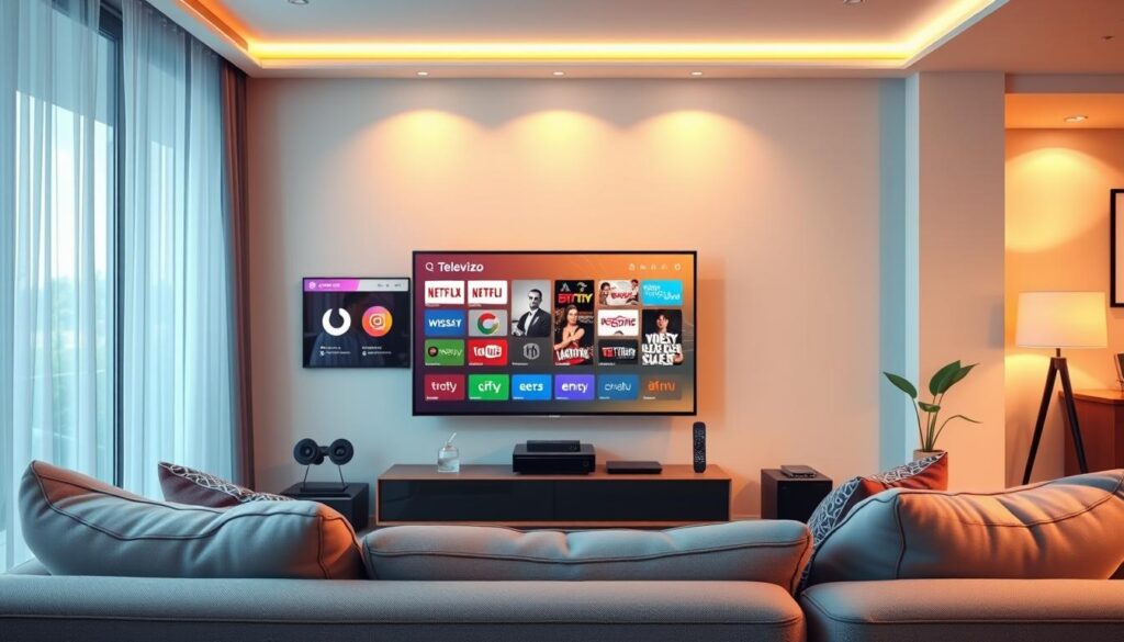 A sleek, modern living room showcasing a Samsung smart TV prominently displaying the Televizo IPTV Player interface. In the foreground, a comfortable sofa with stylish cushions invites viewers to interact. The middle ground features the TV stand with elegant decor, alongside various connected devices like a streaming box and remote controls. In the background, soft, ambient lighting bathes the room in a warm glow, creating a cozy atmosphere. The scene is captured from a slight angle to highlight both the TV and the inviting living space. Incorporate natural light filtering through a nearby window, enhancing the inviting feel of the space. The design is contemporary and sophisticated, reflecting the integration of technology in everyday life.