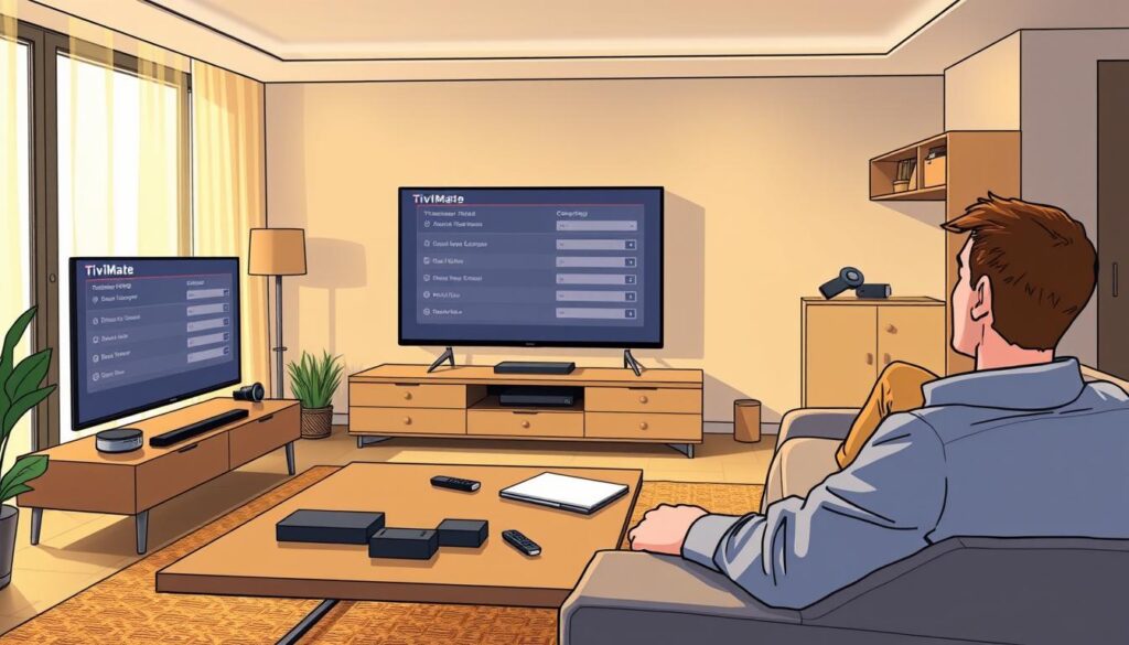 A sleek modern living room showcasing a TV displaying the TiviMate EPG configuration interface. In the foreground, a user is seated comfortably on a couch, holding a remote control, dressed in smart casual attire, focused on the screen. The middle ground features a stylish coffee table with tech gadgets and a notepad. The atmosphere is warm and inviting, with soft golden lighting highlighting the wooden furniture. In the background, a chic entertainment unit holds the Firestick device, with light filtering through sheer curtains. The scene conveys a sense of ease and sophistication, illustrating the process of configuring EPG settings in a user-friendly, tech-savvy environment.