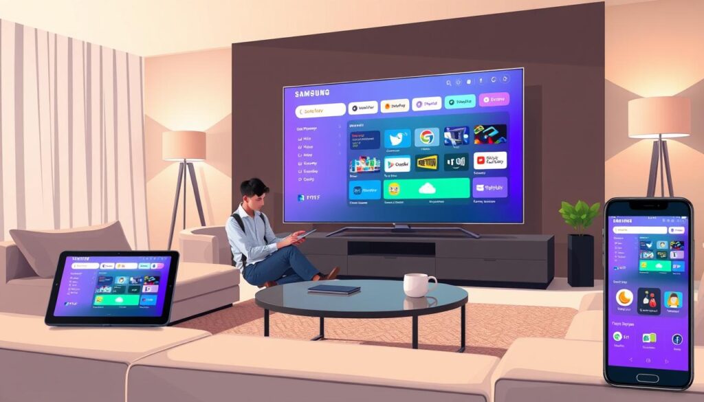 A sleek, modern living room showcasing the ImPlayer experience across multiple devices. In the foreground, a large Samsung Smart TV displays the ImPlayer interface, with vibrant colors and user-friendly menu options. To the left, a tablet rests on a stylish coffee table, illustrating the app's versatility, while a smartphone on the right mirrors the same interface. The middle ground features a cozy sofa where a person, dressed in casual but professional attire, interacts with the devices, engaged and focused. The background includes soft ambient lighting from floor lamps, creating a warm, inviting atmosphere. Capture the scene from a slightly elevated angle to emphasize the devices, with natural light filtering through curtains, enhancing the overall mood of modern technology integration in everyday life.