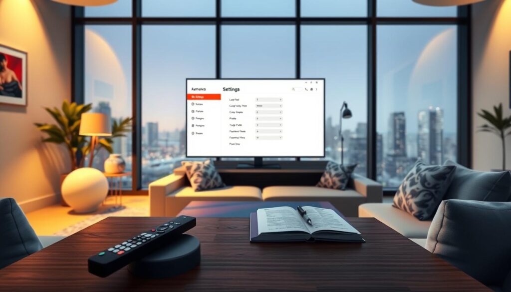 A sleek, modern living room with a prominent Samsung Smart TV showcasing the vibrant IPTV settings interface on the screen. In the foreground, a stylish coffee table holds a remote control and a notepad with technical notes. The middle of the room features a comfortable sofa with decorative cushions, inviting a sense of relaxation. In the background, large windows offer a view of a bustling cityscape, lending an urban feel to the space. Soft, warm lighting illuminates the room, creating a cozy atmosphere. The scene captures a professional yet casual setting, focusing on the IPTV experience and additional settings without any text or distractions. The angle is slightly elevated, providing a clear view of the TV screen and the furniture arrangement.