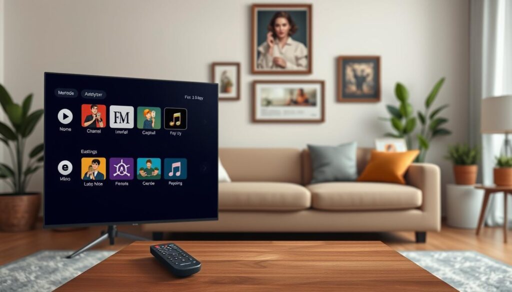 A sleek, modern user interface of OttPlayer displayed on a high-definition Smart TV screen, showcasing its key features prominently. The foreground includes a well-organized layout with colorful channel icons, a user-friendly navigation menu, and an easy-to-use search bar. In the middle ground, a remote control rests on a stylish wooden coffee table beside the TV, hinting at a cozy home viewing environment. The background is a warm, inviting living room with soft lighting, featuring a comfortable sofa and decorative elements like plants and framed pictures. A gentle ambiance suggests a relaxing atmosphere, perfect for streaming. The scene should be captured from a slightly elevated angle, providing a clear view of the interface without any text overlays or distracting elements.