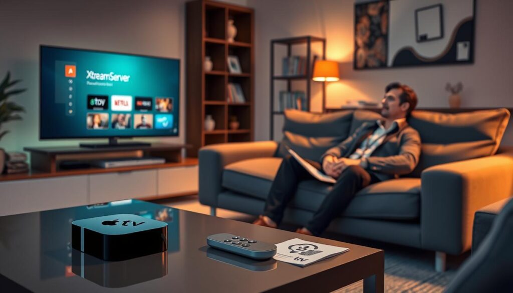 A sophisticated workspace featuring a sleek Apple TV setup with the "Xtream Server asetukset" interface displayed on the screen. In the foreground, a stylish modern coffee table holds a remote control and a user-friendly guide. The middle ground showcases a plush couch where a person dressed in smart casual attire is intently focused on the TV screen. The background features a contemporary living room with soft ambient lighting, a bookshelf neatly lined with tech magazines, and a warm, inviting atmosphere. The image conveys a sense of tech-savvy relaxation and exploration, highlighting the seamless integration of iPlayTV on the Apple TV. The angle of the shot captures both the TV interface and the cozy environment, inviting viewers into the experience.