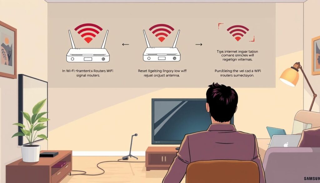 A split-screen illustration depicting common internet connectivity issues and their solutions. In the foreground, a frustrated person in professional attire sits in front of a modern Samsung smart TV, with a visible error message on the screen. The middle layer shows diagrams of Wi-Fi routers with signal strength indicators and troubleshooting tips, like resetting or adjusting antennas. In the background, a cozy living room setup with internet cables and a laptop. Soft, natural lighting illuminating the scene to evoke a sense of calm despite the technical difficulties. The mood is one of problem-solving and determination, showcasing a blend of technology and everyday life.