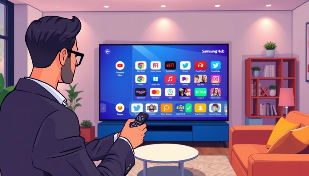 A vibrant and modern living room featuring a large Samsung Smart TV displaying the Smart Hub interface. In the foreground, a person in professional business attire is focused on the TV screen, using a remote control, with a look of concentration. The middle ground includes the sleek design of the TV, showcasing app icons arranged in a user-friendly layout, with vivid colors and engaging visuals for apps. In the background, soft ambient lighting enhances the cozy atmosphere, with a stylish couch and decorative elements like plants and bookshelves adding warmth. The scene is shot from a slightly angled perspective to emphasize the TV and the user’s interaction, creating a sense of immersion in digital navigation. The overall mood is tech-savvy and inviting, perfect for illustrating the topic of Smart Hub navigation.