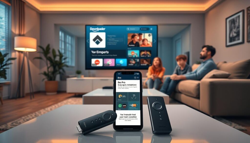 A vibrant, engaged living room scene featuring a modern TV displaying the Downloader app on a Firestick interface. In the foreground, a sleek, contemporary coffee table holds an Amazon Firestick remote and a smartphone showcasing the ibo pro installation steps. In the middle, a comfortable sofa with a family watching attentively, dressed in casual home clothes, with expressions of curiosity. In the background, soft ambient lighting casts a warm glow around the room, adorned with minimalistic decor that emphasizes a tech-savvy environment. The scene captures a productive and inviting atmosphere, encouraging viewers to explore their streaming options. High-angle perspective to create a sense of depth and focus on the TV's screen.