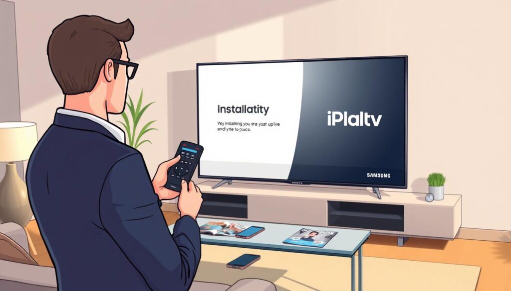A well-lit interior living room featuring a modern Samsung Smart TV displaying the iPlayTV installation interface on the screen. In the foreground, a professional-looking individual in business casual attire is holding a remote control, focused on the TV. The middle ground includes a sleek coffee table with a few tech-related magazines and a smartphone, indicating a tech-savvy environment. The background features soft, warm lighting that enhances the inviting atmosphere of the space, with light streaming in through a window. The scene captures a moment of guidance in the installation process, showcasing the seamless integration of technology in everyday life, evoking a sense of curiosity and excitement about setting up iPlayTV.