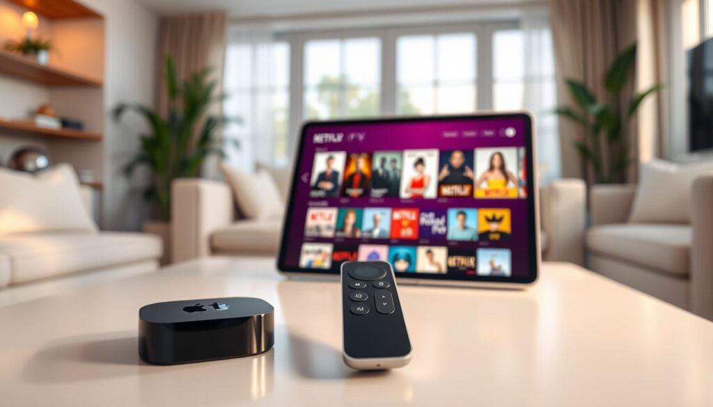 An Apple TV remote and an iPad displaying a NET IPTV interface on a sleek living room coffee table, symbolizing the connection between technology and entertainment. In the foreground, the Apple TV remote is positioned prominently with a soft glow reflecting off its surface. The middle ground features the iPad with a captivating Netflix-style user interface, showcasing vibrant thumbnails of shows. In the background, a modern living room with soft, natural light streaming through large windows, plants, and minimalist decor enhances the inviting atmosphere. The colors are warm and calming, suggesting a safe digital environment. A slight depth of field blurs the background subtly, focusing attention on the technology, conveying a sense of legality and security in digital streaming.