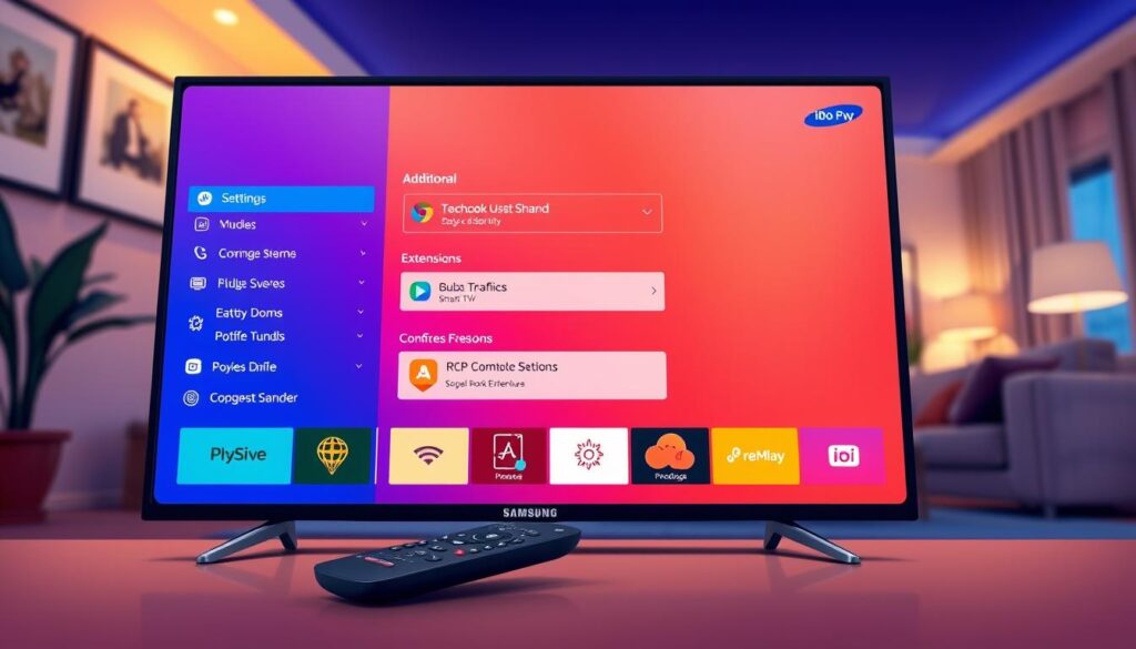 An interactive user interface for the Ibo Player on a Samsung Smart TV, showcasing customization options and settings. The foreground features a sleek, modern Samsung TV with a vivid display of the Ibo Player interface, emphasizing the additional settings and extensions with colorful icons and dropdown menus. The middle layer includes a remote control, elegantly laid down next to the TV, highlighting the ease of navigation. The background is softly blurred, depicting a cozy living room environment with warm lighting, comfortable seating, and subtle decor elements to create a inviting atmosphere. The mood is professional and tech-savvy, suggesting a user-friendly experience. The image should have a clear view, with a slightly elevated angle capturing the TV screen and remote in focus.