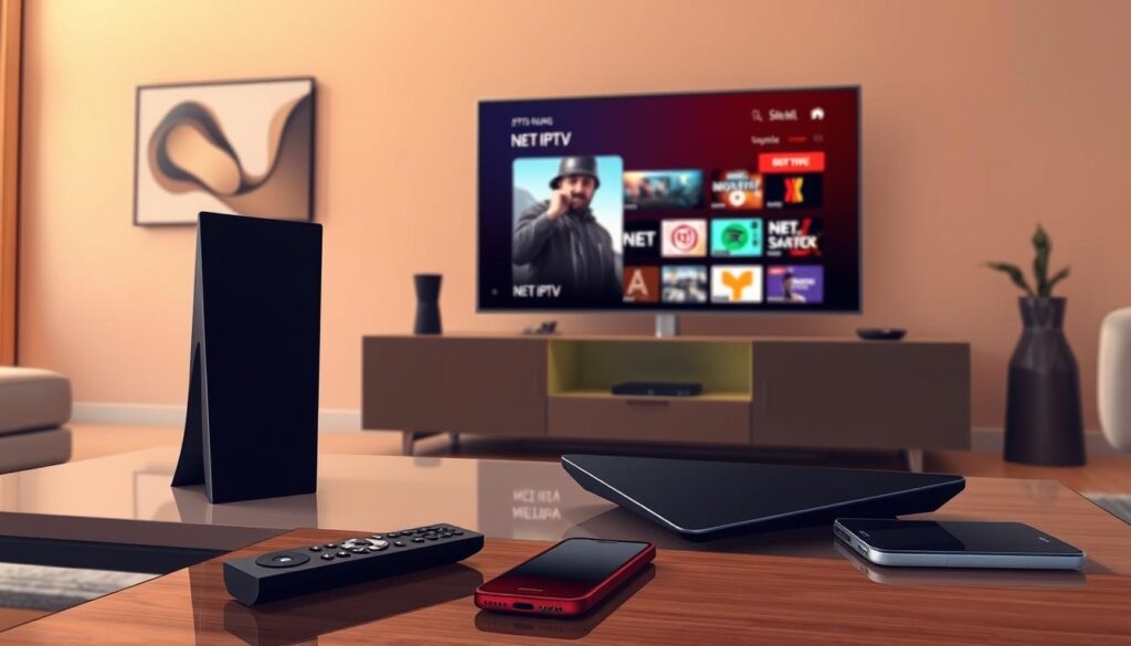 In a sleek, modern living room, prominently feature the Nvidia Shield device, sleek and futuristic, placed on a polished media console. The device emits a soft glow, indicating it's powered on, while a high-definition television displays the NET IPTV interface showcasing streaming options. In the foreground, a remote control rests casually next to a stylish coffee table, surrounded by a few smart devices like a smartphone and a tablet. The room is bathed in warm, ambient lighting, creating a cozy atmosphere. On the wall, a subtle abstract art piece adds flair without drawing attention away. Capture this scene with a slightly elevated angle to include both the Nvidia Shield and the television, enhancing the focus on the technology. The mood is inviting and tech-savvy, reflecting a modern lifestyle.